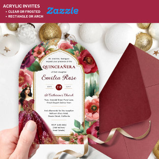 Quinceañera Burgundy Red Gold Quince Dress Blume Acryleinladungen