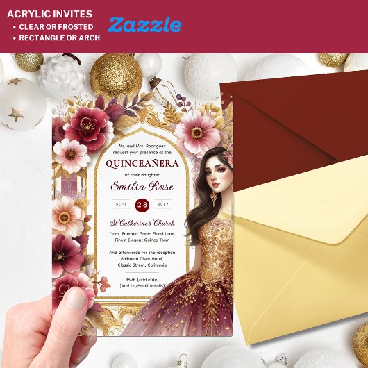 Quinceañera Burgundy Red Gold Quince Dress Blume Acryleinladungen
