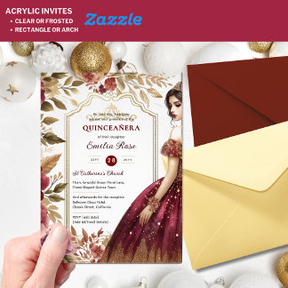Quinceañera Burgundy Red Gold Quince Dress Blume Acryleinladungen