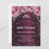 Quinceanera burgundy rosa Blumentiara Luxus Einladung (Vorderseite)