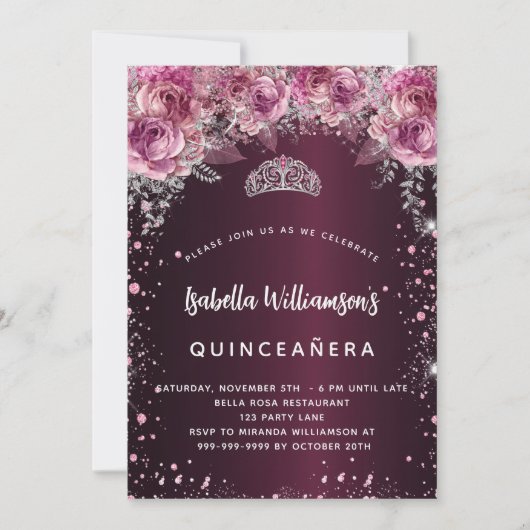Quinceanera burgundy rosa Blumentiara Luxus Einladung (Vorderseite)