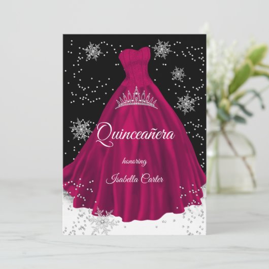 Quinceanera Burgundy Rosa Schneeflocke Silberkleid Einladung (Stehend Vorderseite)