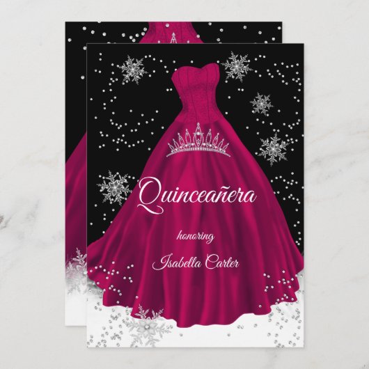Quinceanera Burgundy Rosa Schneeflocke Silberkleid Einladung (Vorne/Hinten)