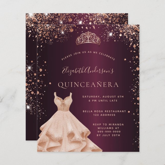 Quinceanera burgundy Rose Gold Einladung (Vorne/Hinten)
