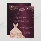 Quinceanera burgundy Rose Gold Glitzern Kleid Einladungspostkarte (Vorne/Hinten)