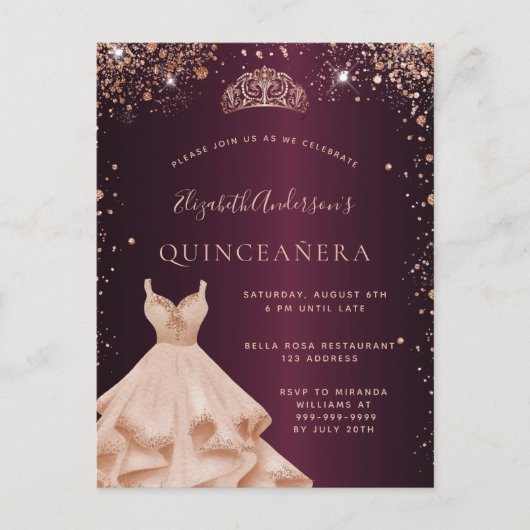 Quinceanera burgundy Rose Gold Glitzern Kleid Einladungspostkarte (Vorderseite)