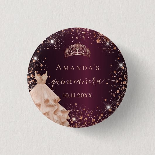 Quinceanera burgundy Rose gold tiara Kleidername Button (Vorderseite)