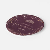 Quinceanera burgundy Rose gold tiara name skript Pappteller (Schrägansicht)