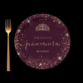 Quinceanera burgundy Rose gold tiara name skript Pappteller