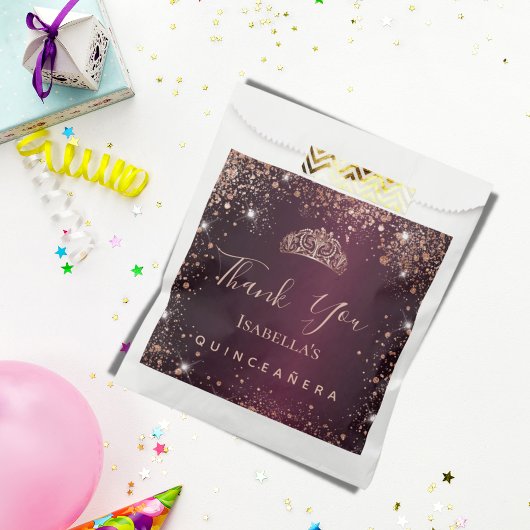 Quinceanera burgundy Rose gold tiara vielen Dank Geschenktütchen