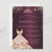 Quinceanera burgundy Rose Goldkleid Einladung (Vorderseite)