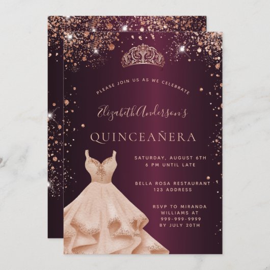 Quinceanera burgundy Rose Goldkleid Einladung (Vorne/Hinten)