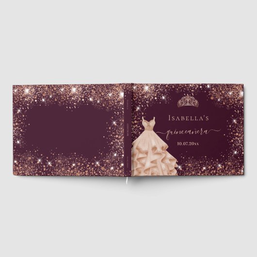 Quinceanera burgundy Rose Goldkleid tiara Name Gästebuch (Voll)