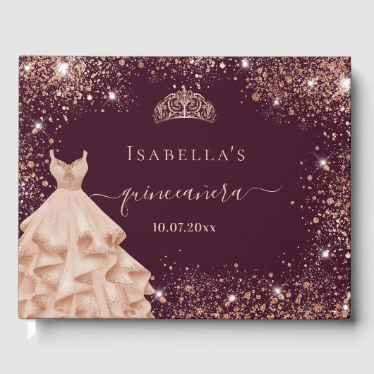 Quinceanera burgundy Rose Goldkleid tiara Name Gästebuch (Vorderseite)