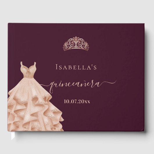 Quinceanera burgundy Rose Goldkleid tiara Name Gästebuch (Vorderseite)