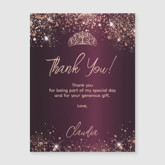 Quinceanera burgundy Rose Magnet danke Karte (Vorderseite)