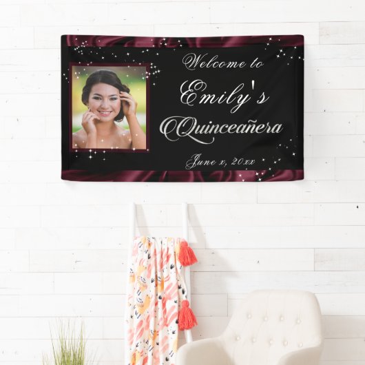 Quinceanera Burgundy Satin Ribbon Shining Stars, Banner (Insitu)