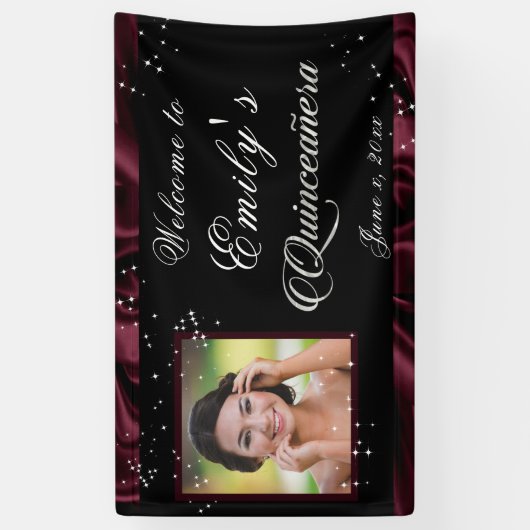 Quinceanera Burgundy Satin Ribbon Shining Stars, Banner (Vertikal)