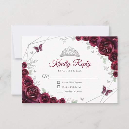 Quinceanera Burgundy Silver Floral Reply RSVP Karte (Vorderseite)