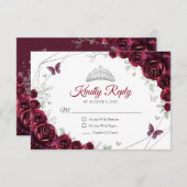 Quinceanera Burgundy Silver Floral Reply RSVP Karte (Vorne/Hinten)