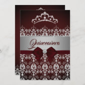 Quinceanera Burgundy Sparkle Diamond Tiara Bow Einladung (Vorne/Hinten)