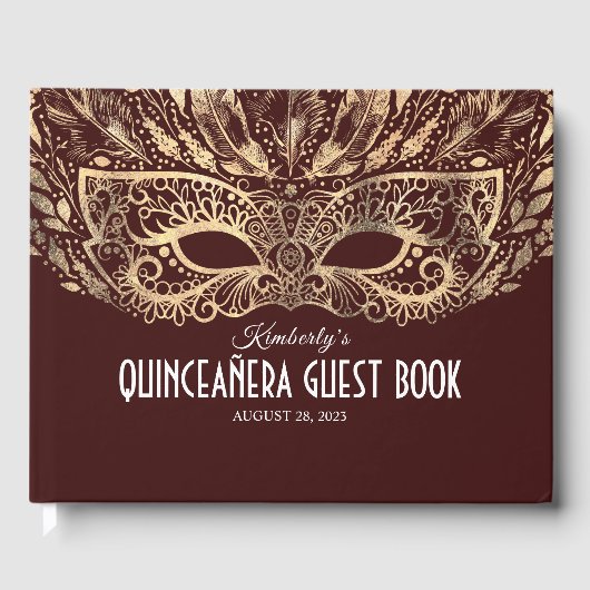 Quinceanera Burgundy und Gold Gästebuch (Vorderseite)