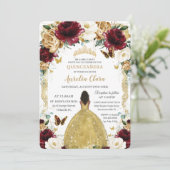 Quinceañera Burgundy White Gold Floral Brown Girl Einladung (Stehend Vorderseite)