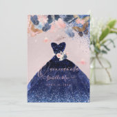 Quinceanera Butterfets Blush Navy Glitzer Gown Einladung (Stehend Vorderseite)