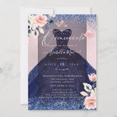 Quinceanera Butterfets Blush Navy Glitzer Gown Einladung (Rückseite)