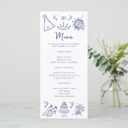 Quinceanera Butterfets Floral Modern Blue White Menükarte (Stehend Vorderseite)