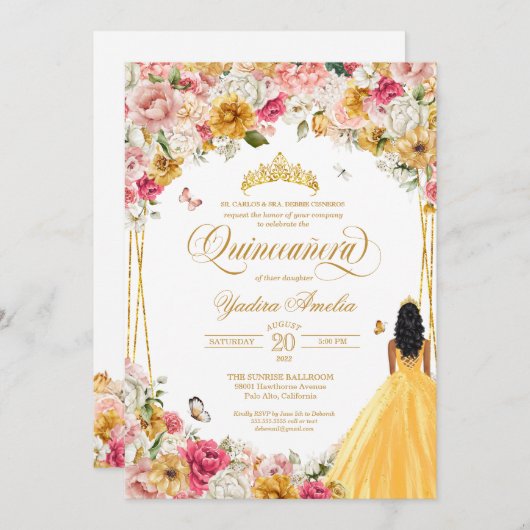 Quinceanera Butterfly Blush Pink & Yellow Floral Einladung (Vorne/Hinten)