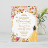 Quinceanera Butterfly Blush Pink & Yellow Floral Einladung (Stehend Vorderseite)