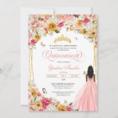 Quinceanera Butterfly Blush Pink & Yellow Floral Einladung (Vorderseite)