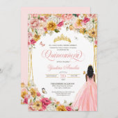 Quinceanera Butterfly Blush Pink & Yellow Floral Einladung (Vorne/Hinten)