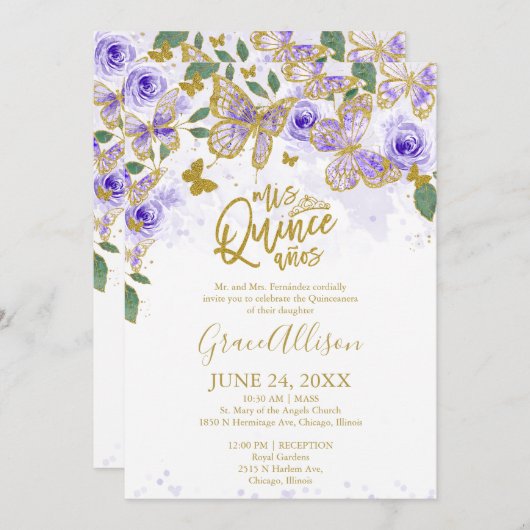 Quinceanera Butterfly Einladung Bilingual (Vorne/Hinten)