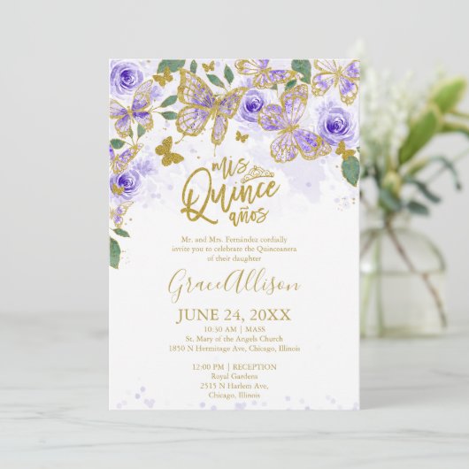 Quinceanera Butterfly Einladung Englisch schreiben (Stehend Vorderseite)