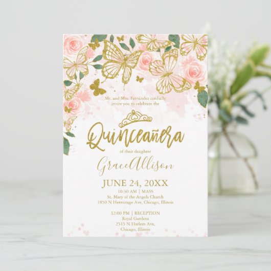 Quinceanera Butterfly Einladung Englisch schreiben (Stehend Vorderseite)