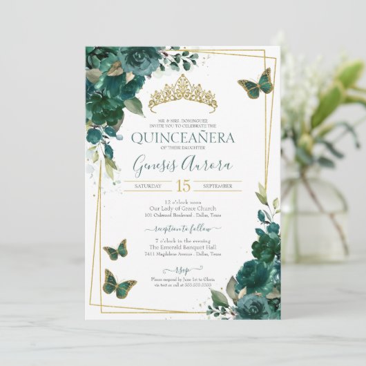 Quinceañera Butterfly Emerald Green Elegant Einladung (Stehend Vorderseite)