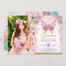 Quinceañera Butterfly Pink Lila Aquamariner Geburt Einladung