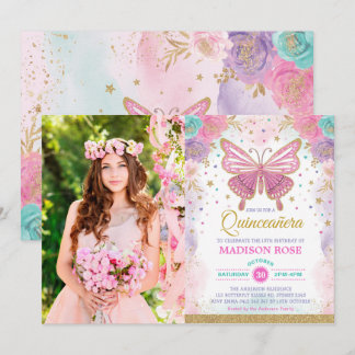 Quinceañera Butterfly Pink Lila Aquamariner Geburt Einladung
