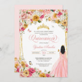 Quinceanera Butterfly Rosa Gelbe Blüte in Rosa Einladung (Vorne/Hinten)