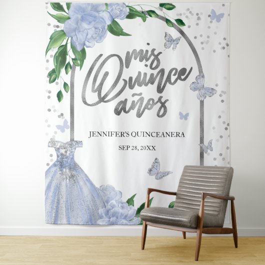 Quinceanera Butterflys Dusty Blue Gown Hintergrund Wandteppich (Beispiel)