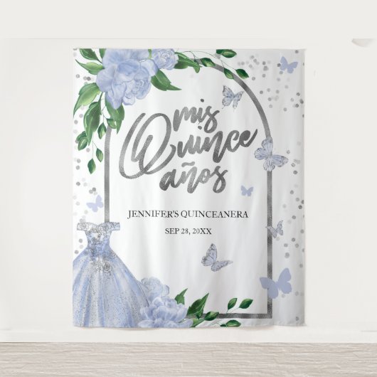 Quinceanera Butterflys Dusty Blue Gown Hintergrund Wandteppich (Vorderseite)