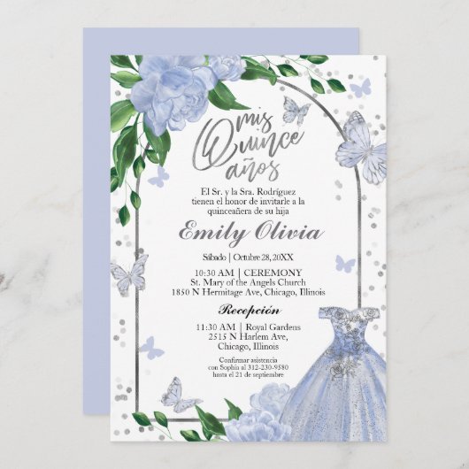 Quinceanera Butterflys Dusty Blue Gown Spanisch Einladung (Vorne/Hinten)
