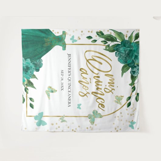 Quinceanera Butterflys Emerald Green Gown Hintergr Wandteppich (Vorderseite (Horizontal))