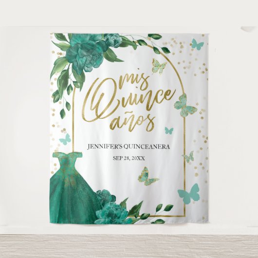 Quinceanera Butterflys Emerald Green Gown Hintergr Wandteppich (Vorderseite)