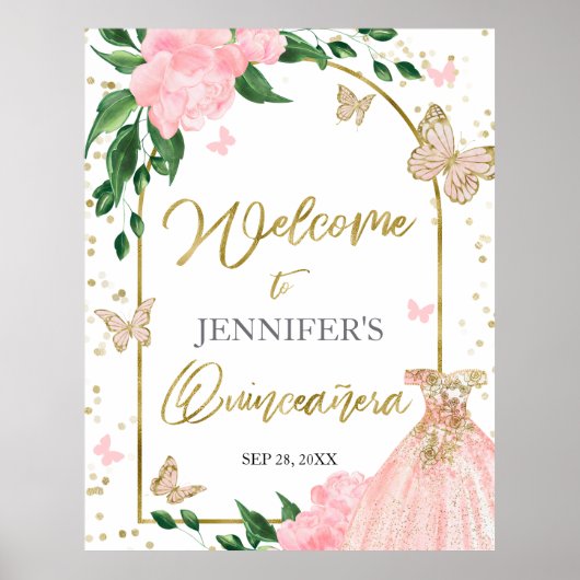 Quinceanera Butterflys Pink Blush Begrüßungszeiche Poster (Vorne)