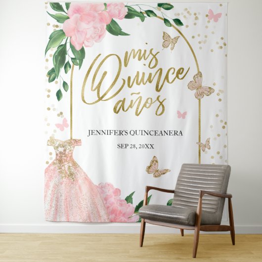 Quinceanera Butterflys Pink Blush Gown Hintergrund Wandteppich (Beispiel)