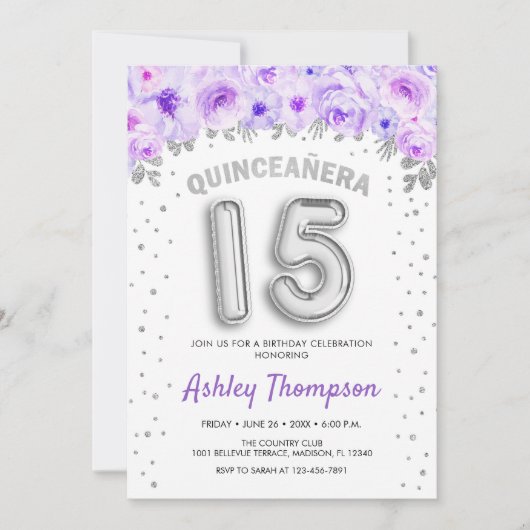 Quinceanera Celebration - Lila Silberballons Einladung (Vorderseite)