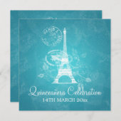 Quinceañera Celebration Party Romantik Paris Blaue Einladung (Vorne/Hinten)